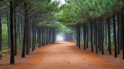 Aufkleber - Pathway through a serene forest lined with tall pine trees