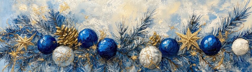 Poster - Blue and white christmas ornaments on frosted pine branches display