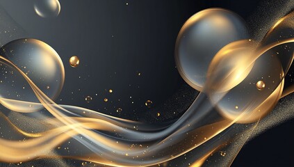 Poster - Golden Waves Flowing with Luminous Bubbles and Shimmering Dust, Abstract Art Design for Luxury Backgrounds