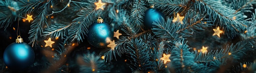 Poster - Decorated christmas tree with blue ornaments and star shaped lights