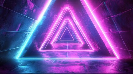 Poster - Abstract futuristic triangle tunnel with neon lights and concrete walls