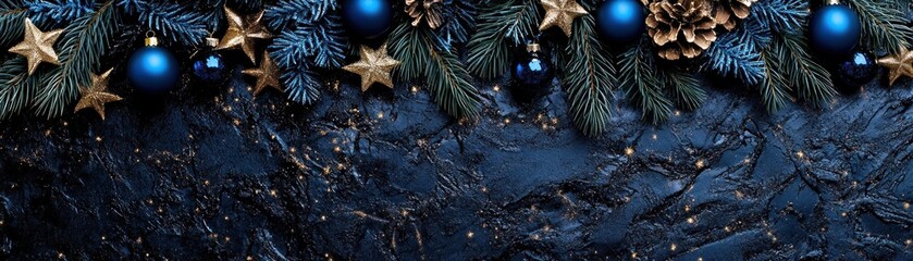 Poster - Festive christmas decoration with blue ornaments and golden stars