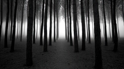 Poster - Forest of tall trees shrouded in thick white fog