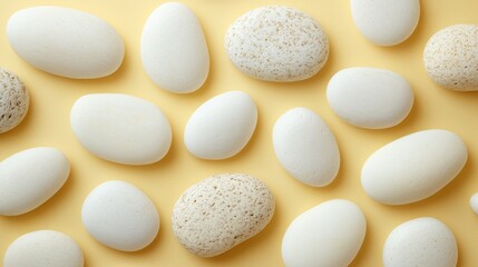 Wall Mural - Several smooth white stones are scattered across a yellow background