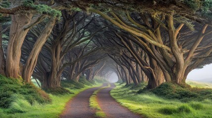 Aufkleber - Path leading through a tunnel of trees on a foggy day