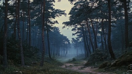 Poster - Misty forest path surrounded by tall slender trees