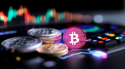 Poster - Bitcoin Coins And Charts On A Dark Background