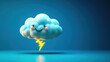© JB - a floating 3d cloud with a cute smiley face and a yellow clay lightning strike on blue background.3d illustration.