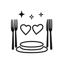 Wall Mural - Simple black and white plate and forks with hearts, graphic for food service