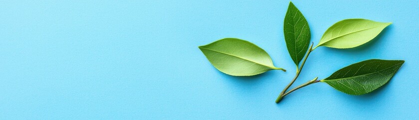 Wall Mural - Green leaves on blue background, nature, spring, growth, eco