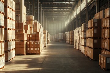 Poster - Vast Warehouse Inventory: Rows of Cardboard Boxes Stacked High on Pallets, Sunlit Industrial Interior