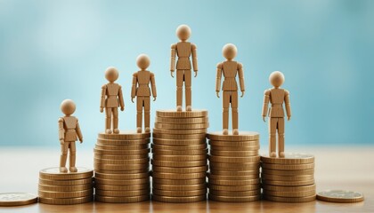 Poster - Socioeconomic inequality shown by wooden figures on stacked coins