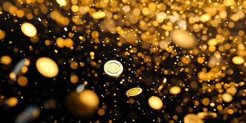 Poster - Golden Coins Falling, Sparkling Lights, Luxurious Wealth, Abstract Background, Shimmering Particles, Festive Celebration, Opulent Glitter, Rich Texture, Precious Metal, Elegant Design