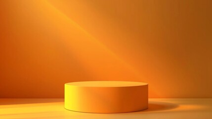 Poster - In a vibrant setting, a smooth orange cylindrical podium stands out against its matching backdrop. Soft light accentuates its curves, creating an enticing atmosphere for exhibitions or showcases
