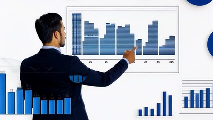 Fototapete - Businessman in Suit Analyzes Digital Bar Chart on Screen, Focusing on Data Analysis and Professionalism in Business Setting with Emphasis on Technology and Business Analytics