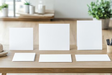 Poster - Blank white paper sheet placed on a wooden table ready for writing or drawing