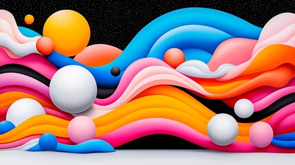 Poster - Abstract Colorful 3D Geometric Design With Waves And Balls