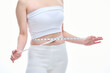 © Dialogue Frame - An Asian woman is on a diet and measuring her waist size using a tape measure.