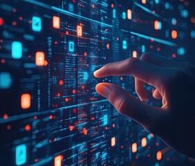 Fototapete - Hand interacts with digital data stream on futuristic screen