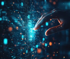 Poster - hand touching digital data stream, futuristic background