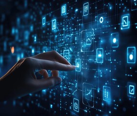 Poster - hand interacts with digital interface, network background