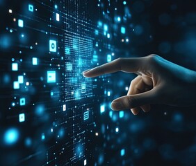 Fototapete - Hand interacts with digital data on futuristic screen