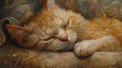 Wall Mural - A serene ginger cat resting comfortably on an ornate, colorful cushion with intricate patterns in a cozy setting