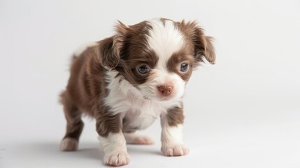 Canvas Print - Adorable small brown and white puppy standing on a clean white background, showcasing its playful nature and curiosity