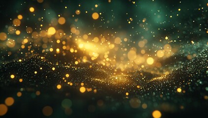 Poster - Golden Particles Flowing, Shimmering, Sparkling, Glistening, Dark Green Background, Abstract, Elegant, Luxurious, Festive, Magical, Dynamic, Shimmer, Glitter, Background