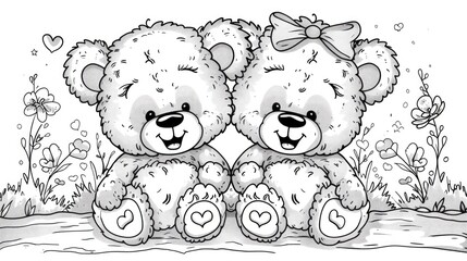 Wall Mural - Two adorable cartoon teddy bears sitting together in a floral setting, smiling joyfully with hearts around them