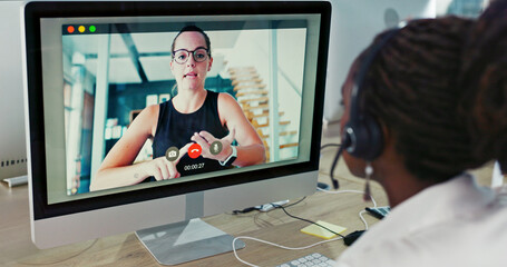 Aufkleber - office, video call and woman with headset, talking and consulting for sales on website or help. cust