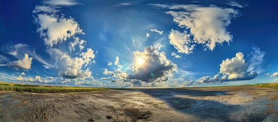 Wall Mural - sunny day panorama clouds over flatland