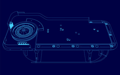 Poster - A blue screen with a casino table and a roulette wheel. The table is empty and the wheel is not spinning