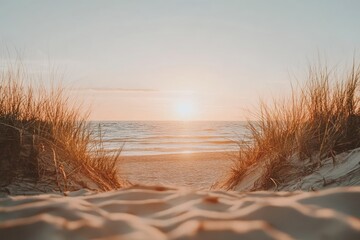 Wall Mural - Sunset beach dune view, ocean waves, golden hour, travel