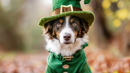 Wall Mural - A dog wearing a green leprechaun hat and outfit stands amidst autumn leaves in a forest setting