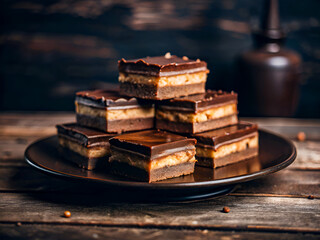 Wall Mural - Tasty homemade chocolate caramel slices bars on a plate. Delicious dessert food background