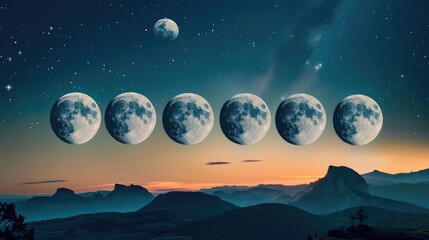 Wall Mural - A stunning night sky showcasing the phases of the moon over a tranquil mountain landscape at sunset