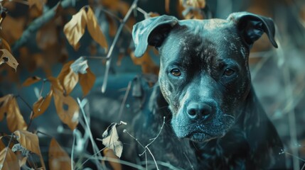 Canvas Print - A close-up of a calm dog resting among autumn leaves, with a blurred forest background enhancing the serene atmosphere