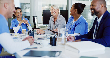 Poster - Boardroom, collaboration and healthcare with hospital manager speaking to staff for medical planning. Administration, corporate and management with professional talking to medicine team in clinic