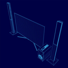 Poster - A blue image of a television and speakers. The speakers are on the right side of the television