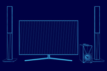 Poster - A blue image of a television and two speakers. The speakers are on the right side of the television