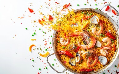 Canvas Print - A classic Spanish paella flipping dynamically with fresh seafood and saffron rice scattering, bright white background