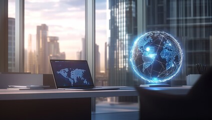 Poster - Global Network: Digital World Connections Visualized on Laptop and Holographic Globe in Modern Office Setting