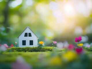 Aufkleber - Small house surrounded by colorful flowers in a vast open field under a clear blue sky