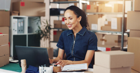 Leinwandbilder - Laptop, happy woman and logistics in office, ecommerce business and reading email for inventory. Computer, worker and communication for shipping, stock or distribution schedule for sales in startup