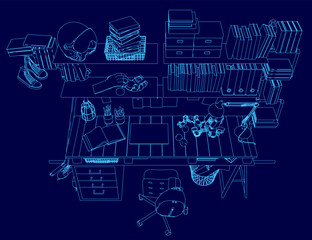 Poster - a computer desk with a chair and a bookcase. the desk is cluttered with various items such as books,