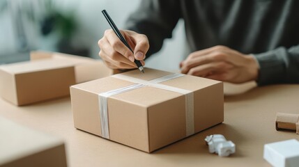 Poster - Person writing on a piece of cardboard with a pen in a casual setting