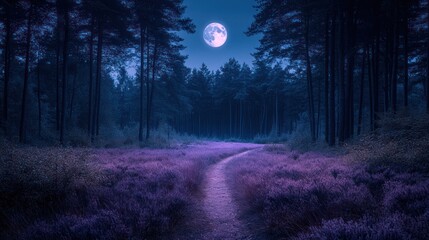 Poster - Moonlit path through lavender forest at night