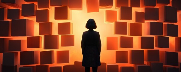Poster - Contemplative woman facing abstract lighted blocks modern art gallery digital artwork urban setting side view inspiration