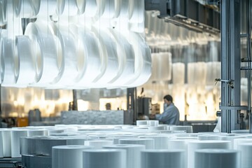 Poster - Factory Workers Efficiently Produce White Rolls of Material in Industrial Setting